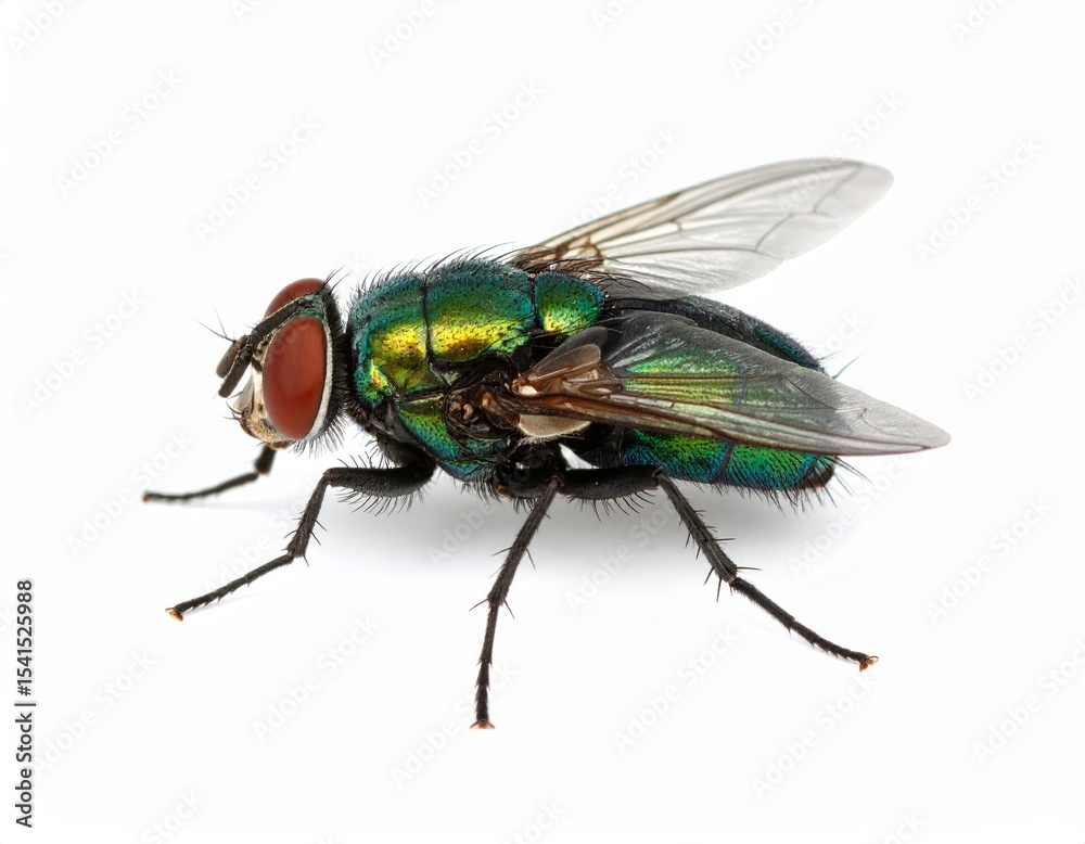Fototapeta premium Green fly close view over white background, no shadow