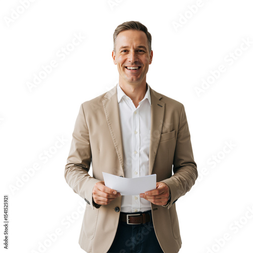 Professional in Beige Blazer Holding Document, Smiling Against White Background
