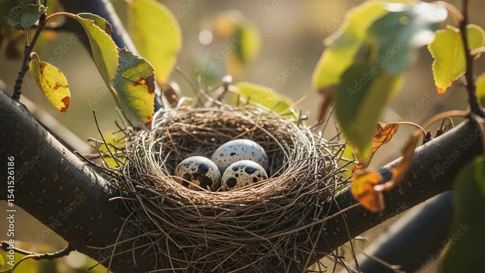 Three speckled eggs in a nest on a tree branch in a forest, springtime mood, nature scene