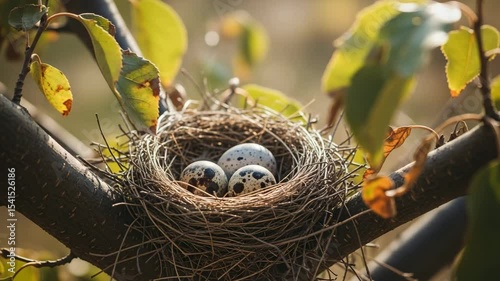 Three speckled eggs in a nest on a tree branch in a forest, springtime mood, nature scene