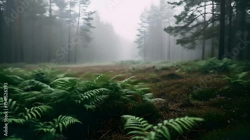 Misty Forest Path Enchanting Ferns and Ancient Trees in a Foggy Woodland