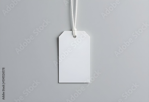 Minimalist White Hanging Rectangular Tag with String on Light Gray Background