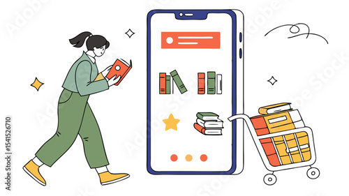 Woman reading a book next to a phone with books displayed and a shopping cart full of books nearby