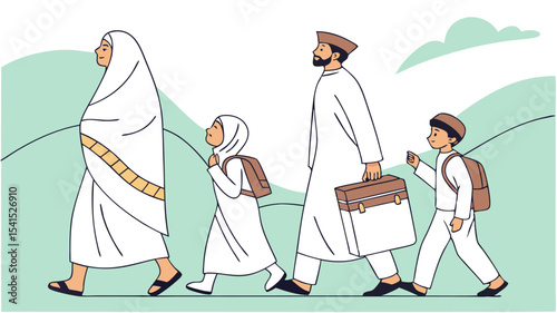 Illustration of a muslim family walking together with luggage and backpacks in a scenic outdoor setting