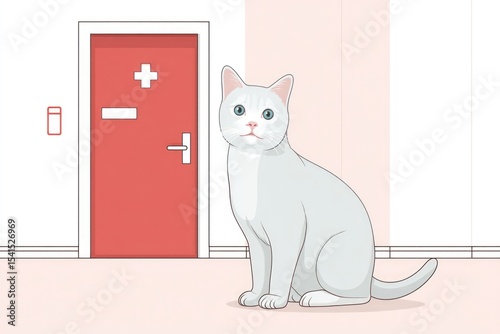 Smart Cat Door Concept Diagram Showcasing an Innovative Entryway Solution for Feline Companions, Featuring a White Cat Waiting Patiently