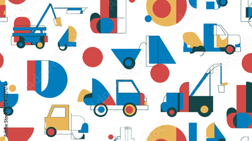 Vehicles construct abstract figures displaying transport geometric composition background design