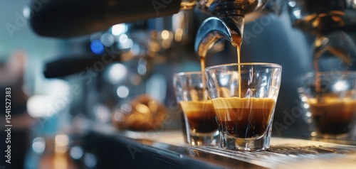 The espresso being freshly brewed with perfect crema in a modern café.