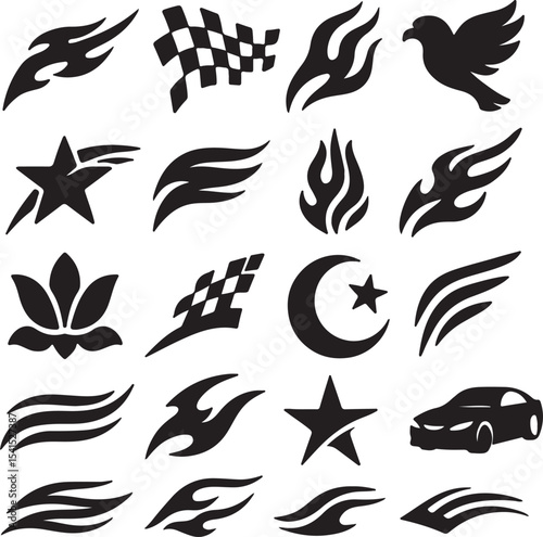16 bold black vector silhouettes designed for vehicle and motorcycle sticker printing. High-impact, edgy designs ideal for car enthusiasts and vinyl decorators.
