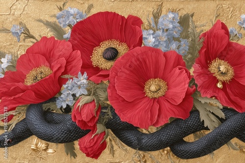 Gothic Illustration Featuring a Black Snake Intertwined With Vibrant Red Poppies and Delicate Blue Flowers