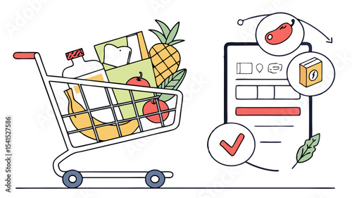 Illustration of a shopping cart filled with groceries next to a mobile phone showing an online order app