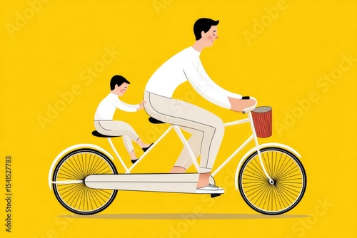 Dad Helps Child Learn to Ride a Bicycle on a Bright Sunny Day in an Outdoor Setting