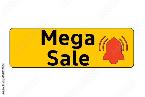 Bright yellow banner with bold black mega sale text and red alert bell icon on white background vector