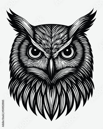 Detailed owl head illustration in bold black line art, perfect for tattoo or emblem design.