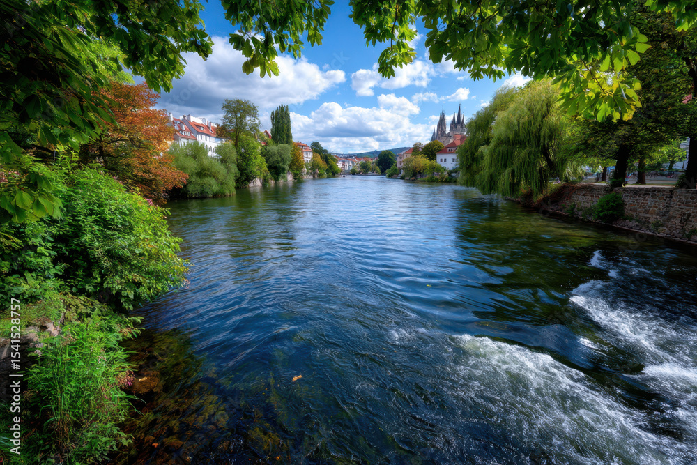 Fototapeta premium Tranquil riverbanks adorned with lush greenery under a clear blue sky