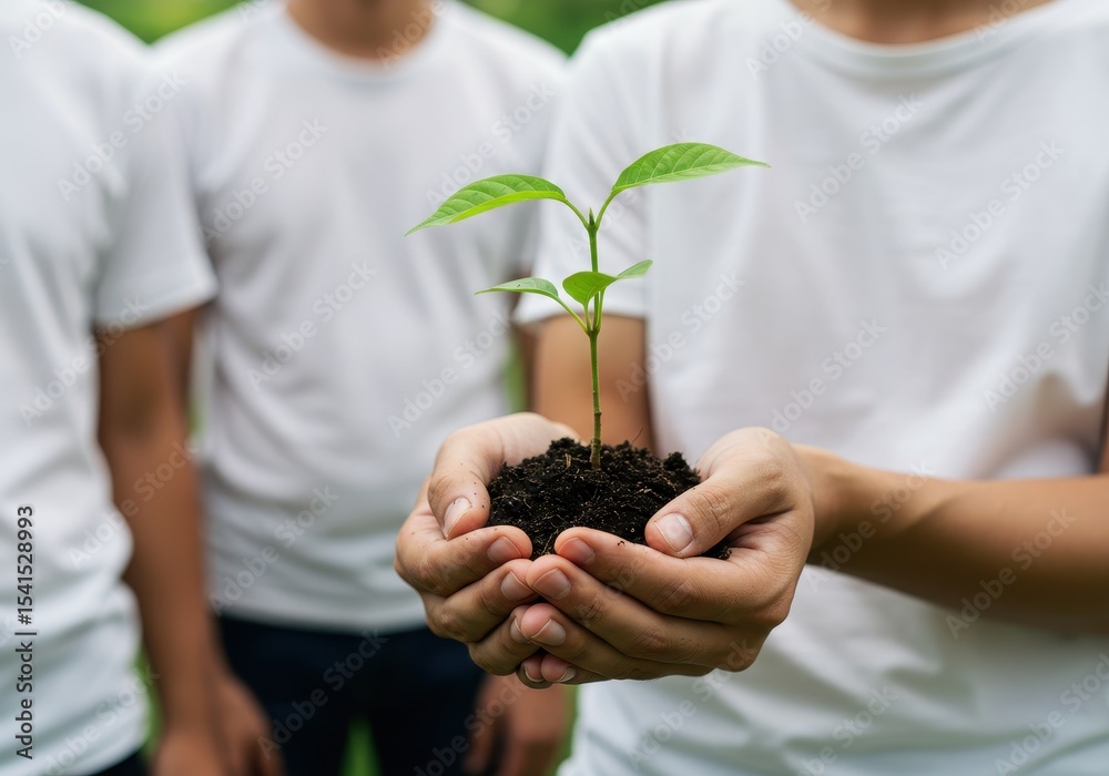 Person holding seedling with soil in hands, with group wearing white shirts ai generated Person holding seedling with soil in hands, with group wearing white shirts ai generated