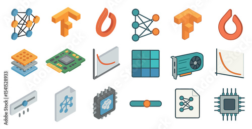 Machine learning isometric icons set – ai, neural network, technology symbols
