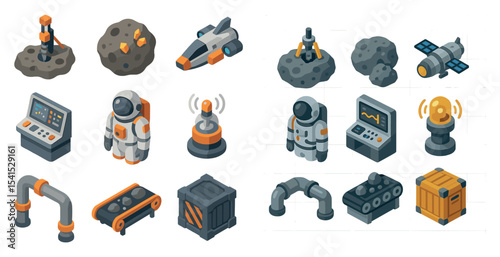 Space exploration isometric icons set – cosmic, 3d, astronaut and galaxy symbols