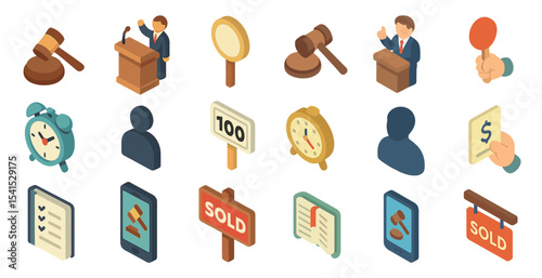 Auction and sales isometric icons set – gavel, bidding, commerce symbols