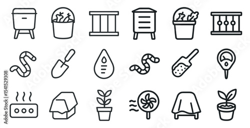 Gardening line icons set – silhouette, tools, plant care and horticulture symbols