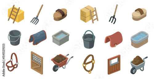 Farming and agriculture icons set – isometric, tools, equipment and rural elements