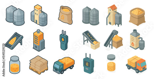 Agriculture and farm isometric icons set – silo, grain, rural and harvest tools
