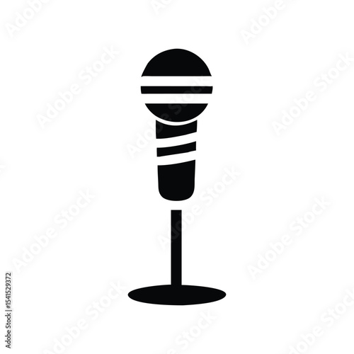 A black and white illustration of a microphone in a minimalist style.