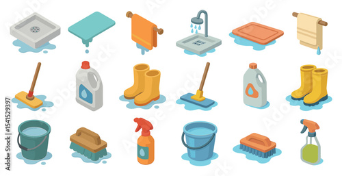 Cleaning and hygiene isometric icons set – flat, sanitary, home cleaning tools