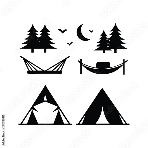 A set of minimalist vector icons depicting various camping tent silhouettes in crisp black outlines.