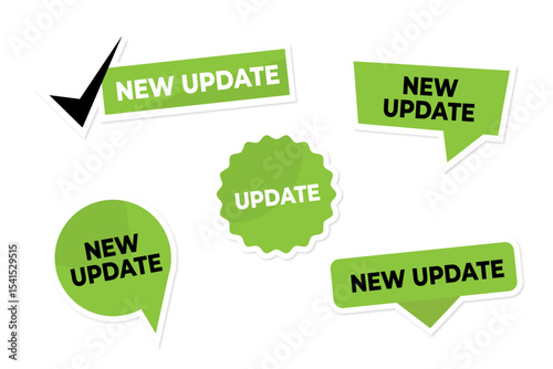 a set of green stickers with a new update on a transparent background