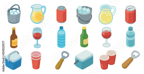 Beverage and drink isometric icons set – 3d, solid, party essentials symbols