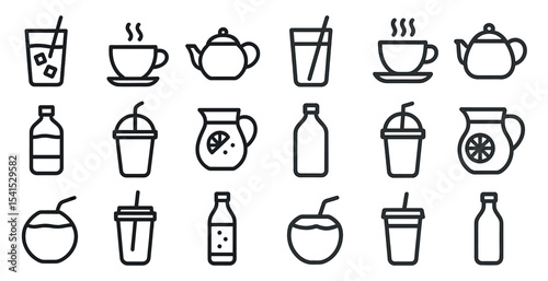 Beverage outline icons set – flat, drinks, coffee and tea illustrations