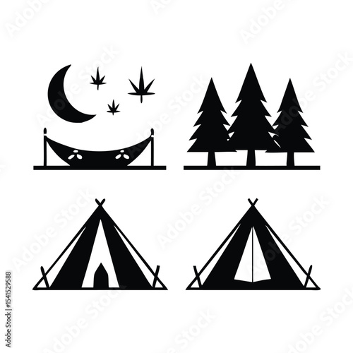 A set of minimalist vector icons depicting various camping tent silhouettes in crisp black outlines.