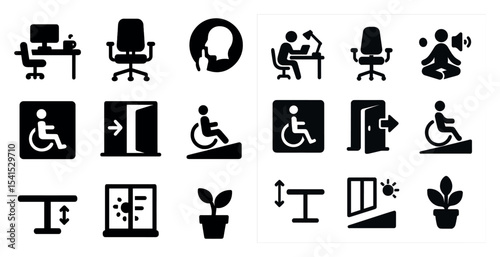 Office and accessibility icons set – solid, silhouette, workplace and ergonomic symbols