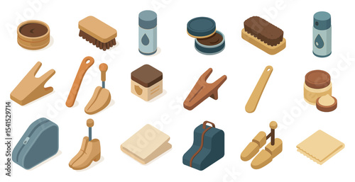 Shoe care isometric icons set – 3d, footwear maintenance, cleaning tools graphics