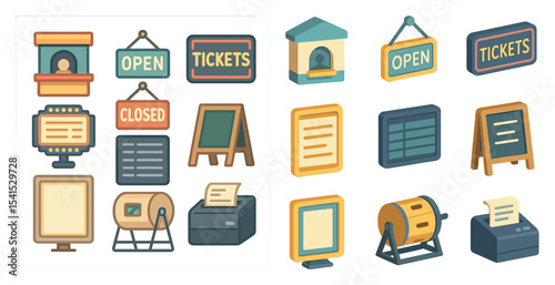 Event and ticketing icons set – isometric, 3d, admission and venue symbols