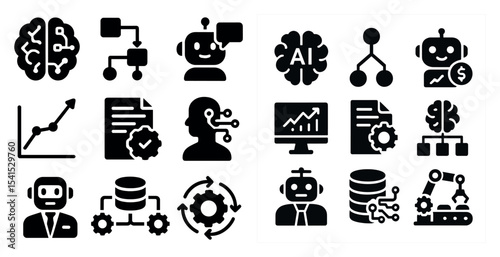 Artificial intelligence filled icons set – tech, data analysis, machine learning symbols