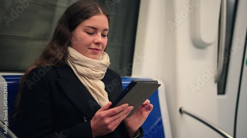 A woman immersed in the act of reading on her e-reader while seated on a subway train, displaying a focused and serene expression that reflects her enjoyment of literature during her daily commute
