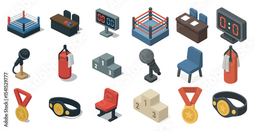 Sports and fitness isometric icons set – boxing, gym equipment, athletic symbols