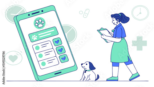 Veterinarian with clipboard and dog next to a large smartphone displaying pet care app interface design