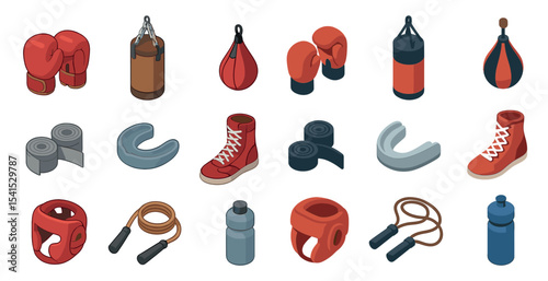 Boxing and fitness icons set – isometric, equipment, gym and training symbols