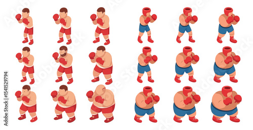 Boxing isometric icons set – silhouette, 3d, fighter and sport equipment symbols
