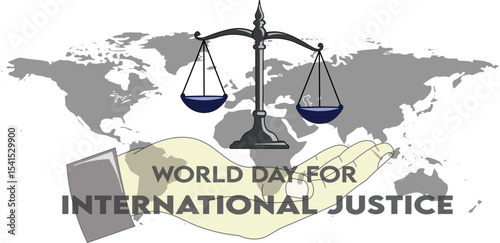  illustration of a justice scale held in a human hand, symbolizing equality, fairness, and law, set for International Justice Day