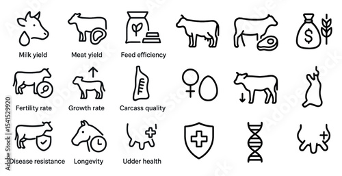 Farm and livestock outline icons set – linear, silhouette, agriculture symbols