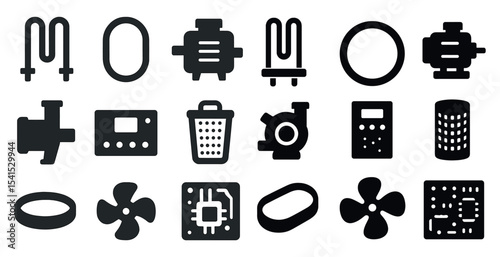 Industrial equipment silhouette icons set – machinery, tools, engineering symbols