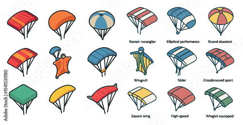 Skydiving and paragliding icons set – isometric, silhouette, adventure symbols