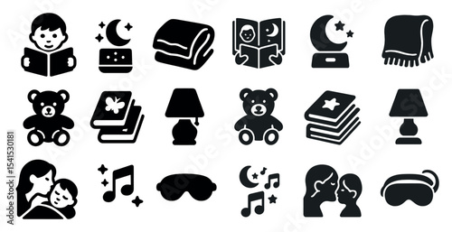 Bedtime stories solid icons set – filled, night, sleep essentials symbols