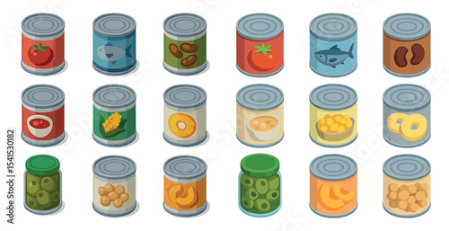 Canned food flat icons set – grocery, pantry, kitchen essentials in vibrant style