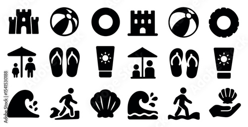 Beach and summer icons set – solid, filled, vacation and leisure symbols