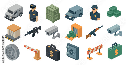 Security and surveillance isometric icons set – 3d, protection, safety symbols