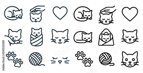 Cats and kittens outline icons set – pet care, feline silhouettes, animal symbols